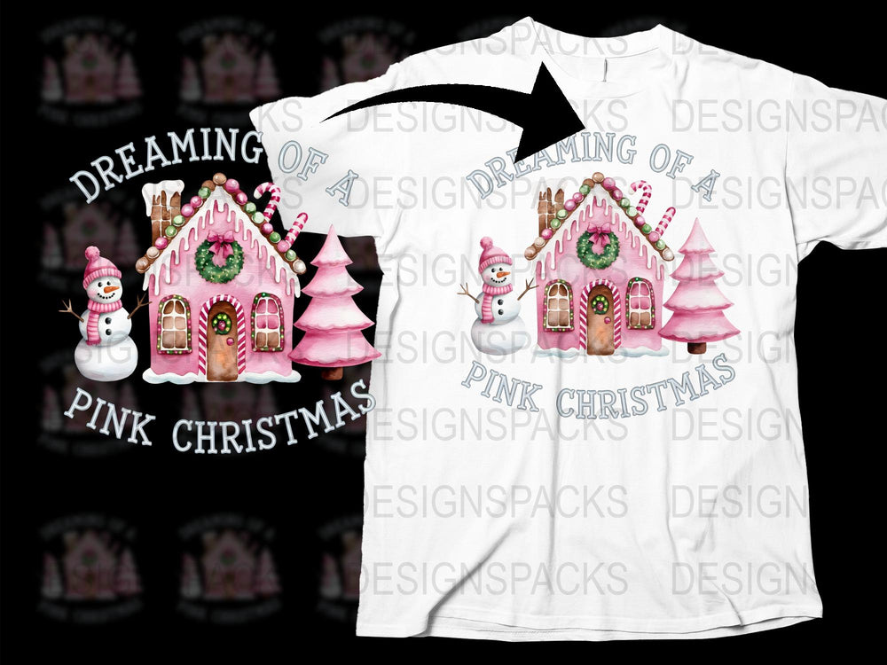 Dreaming of Pink Christmas T-Shirt, Cute Holiday Gingerbread House and Trees Tee