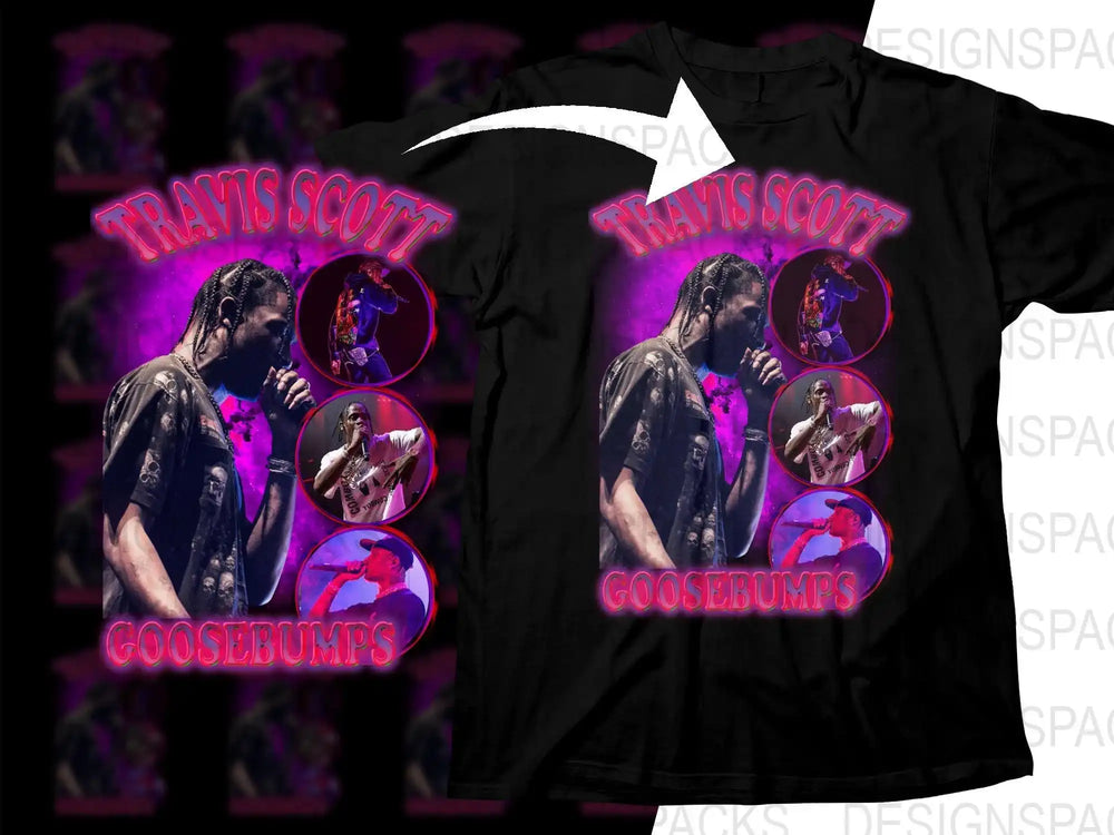 Travis Scott Goosebumps concert design t-shirt with vibrant purple and pink graphics