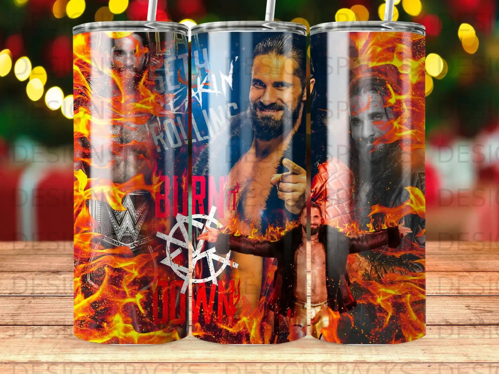 Seth Rollins WWE wrestler with flaming background.