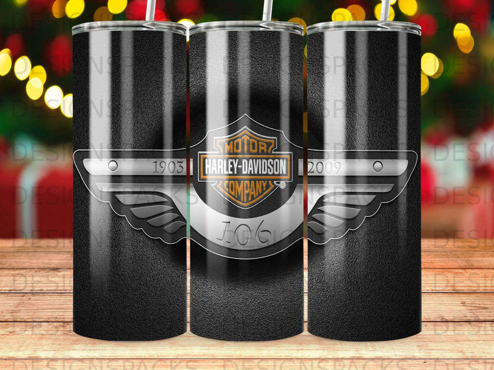 Harley-Davidson 1903-2009 logo on textured black tumbler with white straw.
