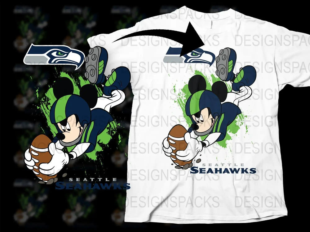 Mickey Mouse in Seattle Seahawks gear holding football, print-ready design for t-shirts
