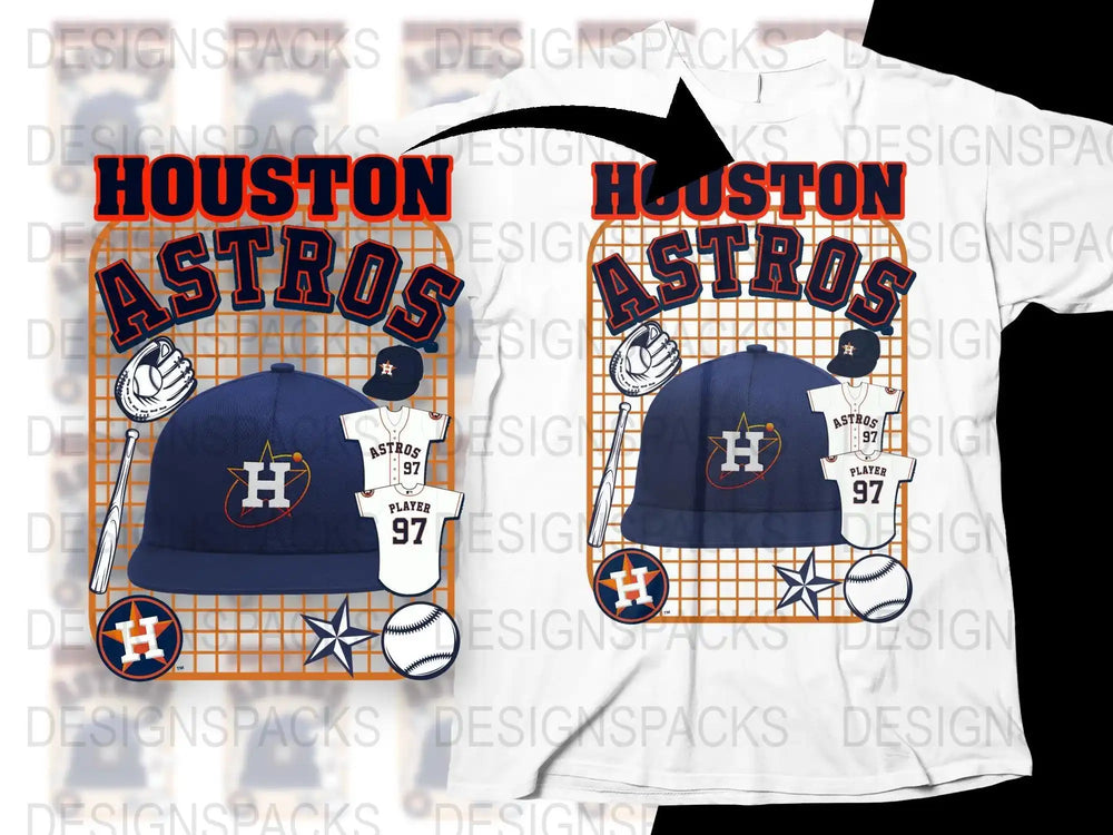 Houston Astros baseball design for t-shirts, featuring team logo, cap, jersey, and gear on grid background