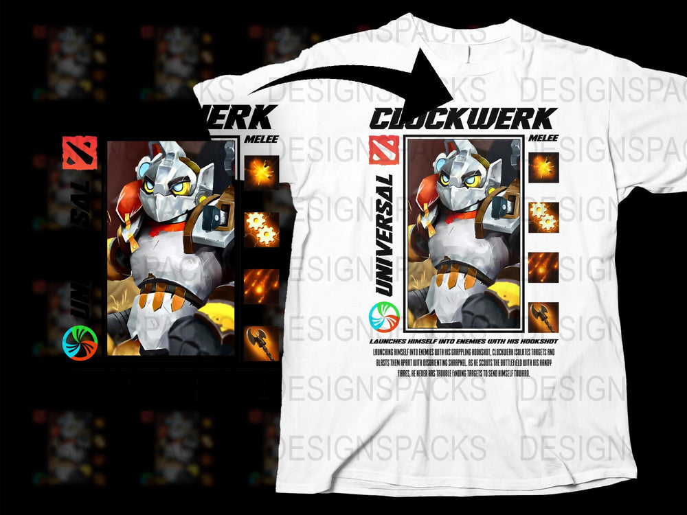 Custom Robot Character Graphic Tee, Clockwerk Melee Design, White T-Shirt, Gaming Apparel, Unique Robot Print, Casual Wear