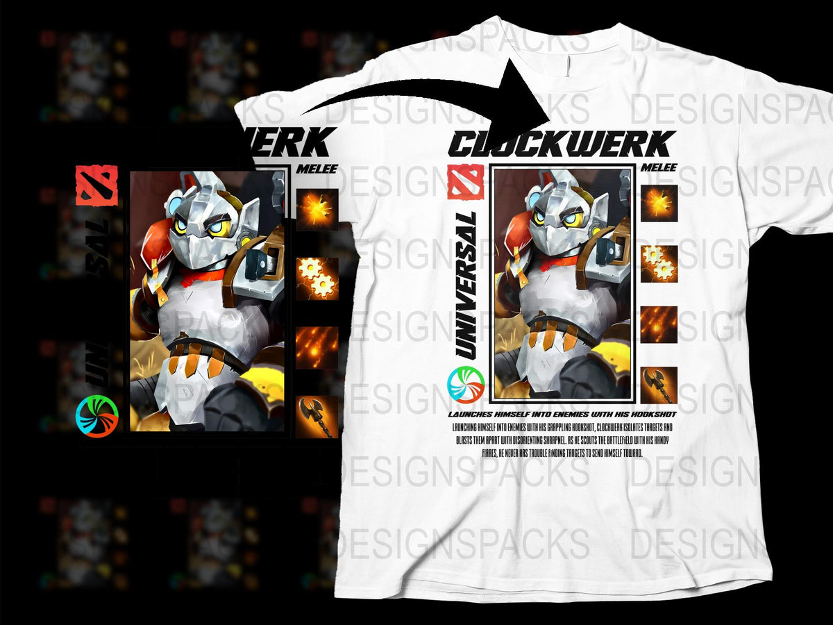 Custom Robot Character Graphic Tee, Clockwerk Melee Design, White T-Shirt, Gaming Apparel, Unique Robot Print, Casual Wear