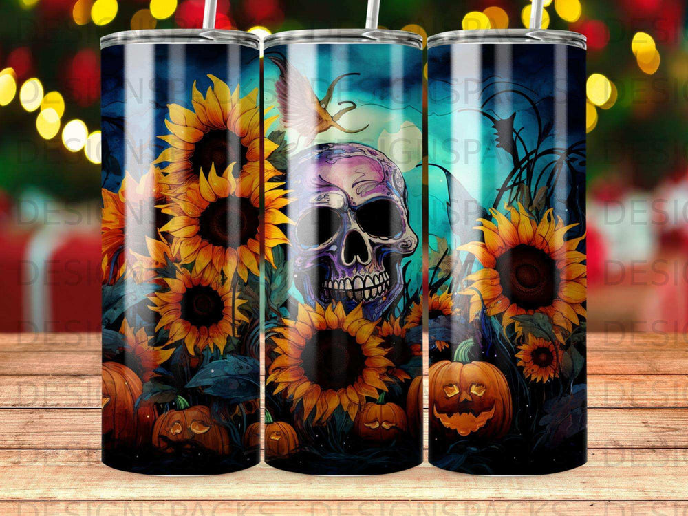 Skull and sunflowers on a dark, spooky Halloween-themed tumbler.