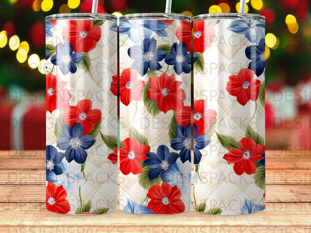 Red, white, and blue flowers on a quilted background pattern.