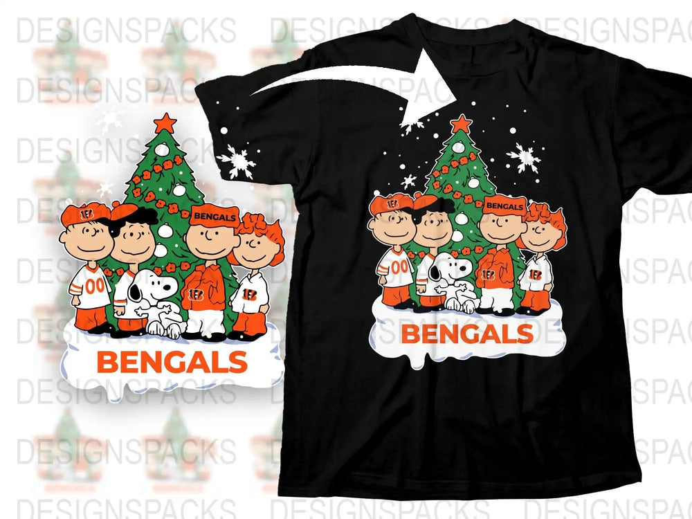 Peanuts Christmas Bengals design on black t-shirt, featuring Snoopy, Charlie Brown, and friends in team gear under a decorated tree.