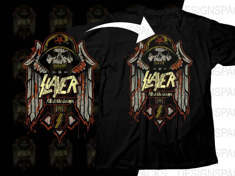 Metal band Slayer t-shirt design with skull, wings, and 'All of life decays' text, print-ready PNG