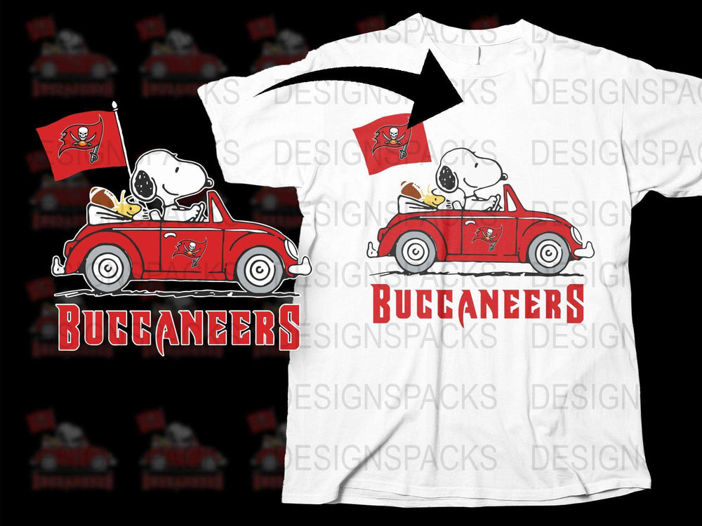 Snoopy Driving Red Car Buccaneers Graphic T-Shirt, Cartoon Dog Tee, Casual Sports Style Shirt, Fan Apparel