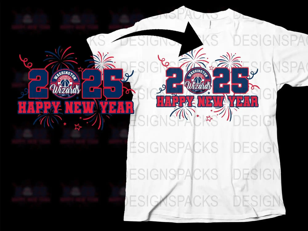 2025 Washington Wizards Happy New Year t-shirt design with fireworks