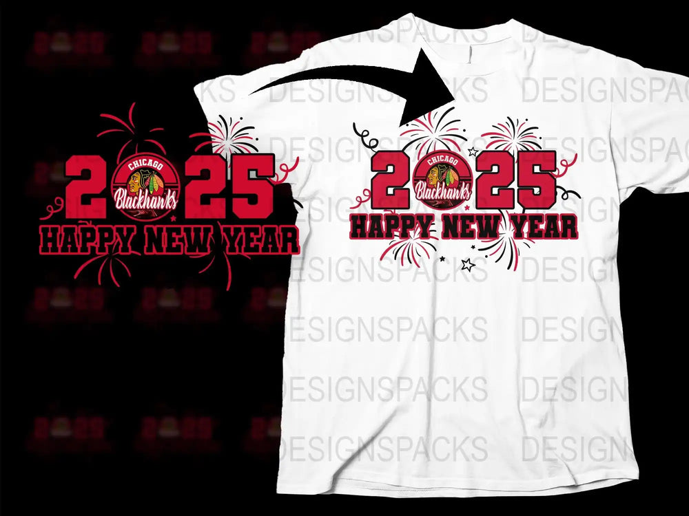Chicago Blackhawks 2025 Happy New Year t-shirt design with fireworks