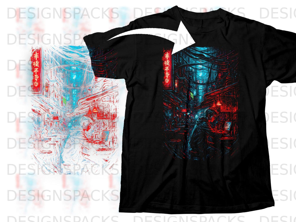 Black t-shirt with cyberpunk city art featuring a person at a computer.