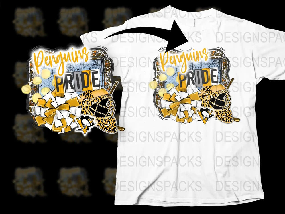 Penguins Pride t-shirt design with leopard print helmet and gold bows, print-ready for DTG/DTF