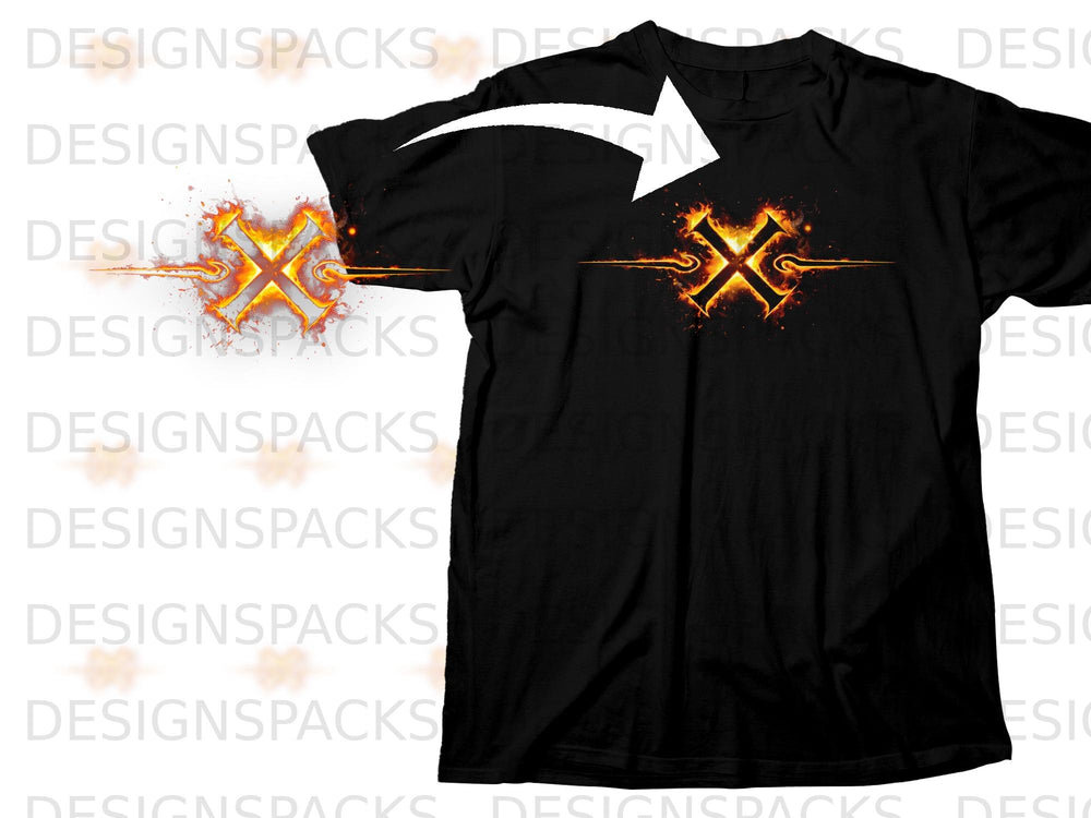 Black t-shirt with a flaming "X" symbol with sharp edges.