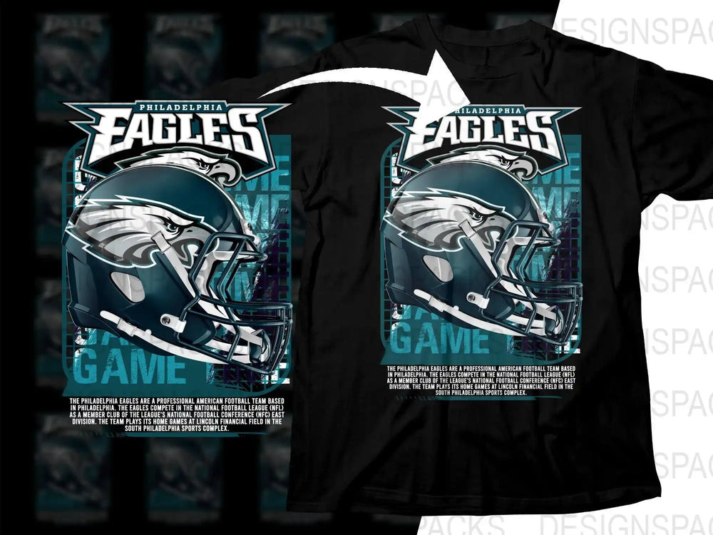 Philadelphia Eagles football helmet design on black t-shirt, game day theme with team details