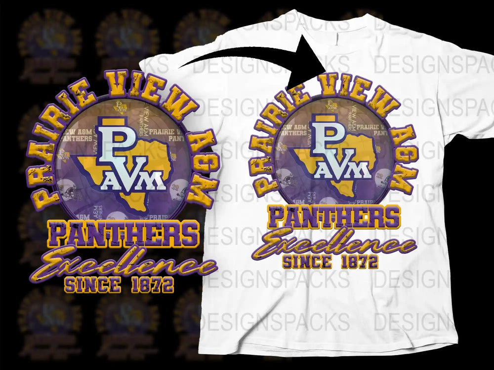 Prairie View A&M Panthers Excellence Since 1872 t-shirt design with purple and gold graphics