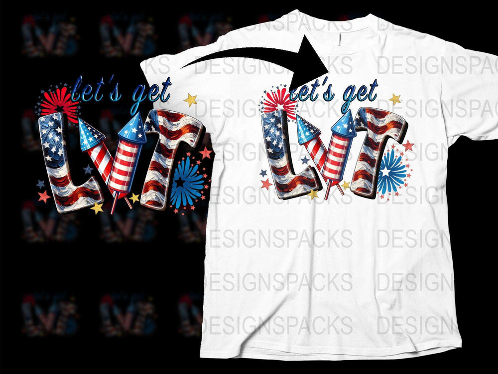 Patriotic T-Shirt Let's Get Lit Fireworks American Flag Design, Unisex Adult Clothing, Fourth of July Tee