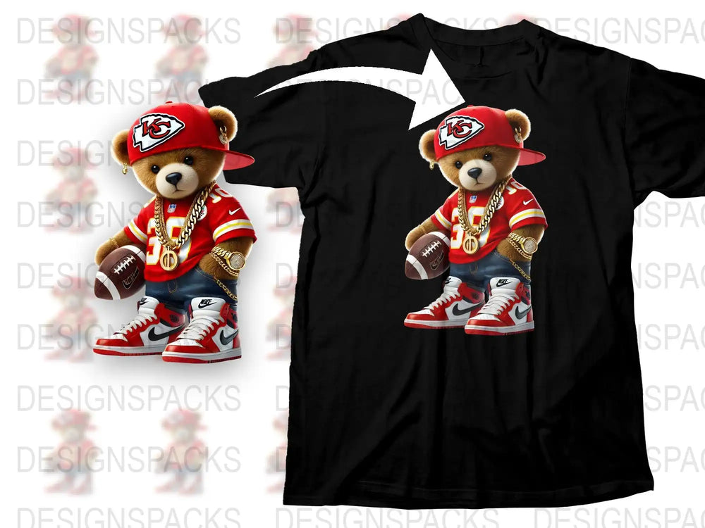Teddy bear in Kansas City Chiefs jersey, gold chains, and Nike sneakers on black t-shirt design
