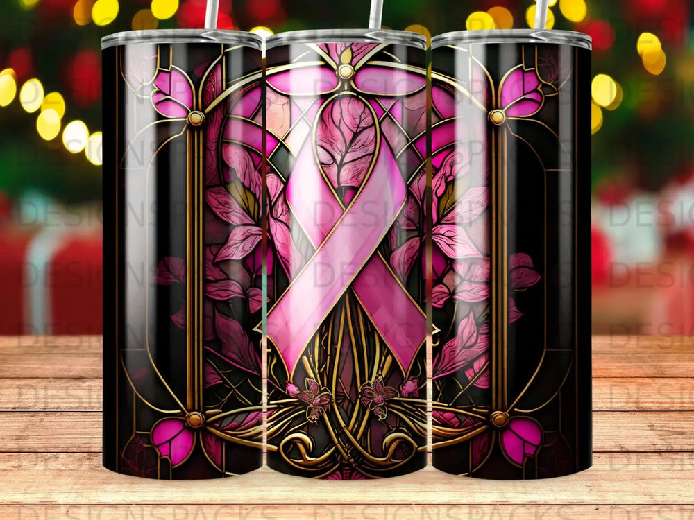 Pink breast cancer ribbon design with floral accents on a black background.