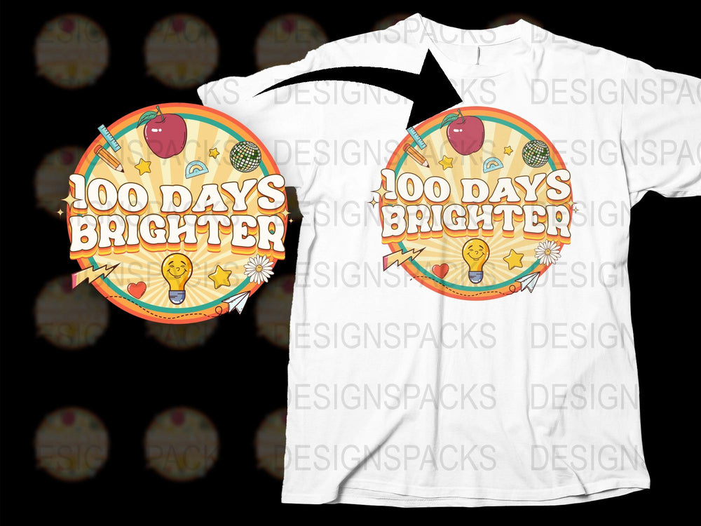 100 Days Brighter Teacher T-Shirt, Colorful Apple and Sun Design, School Celebration, Educator Gift, Fun Graphic Tee for Teachers