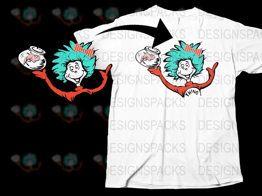 Thing 1 Dr. Seuss design on white t-shirt, print-ready for DTF/DTG, embroidery, or tumbler wraps