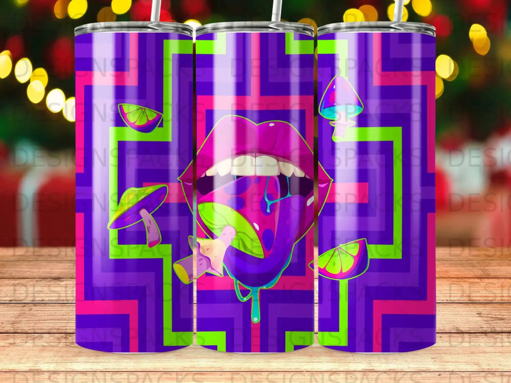 Purple tumbler with dripping lips and psychedelic mushrooms.