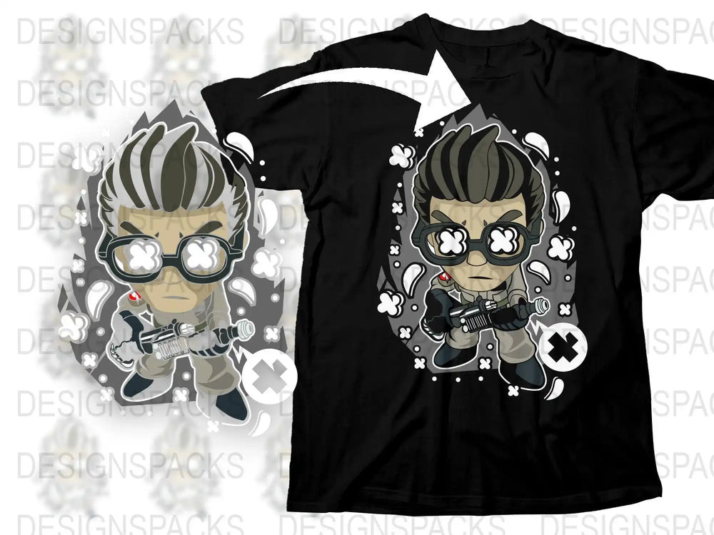 Chibi Ghostbusters design on black t-shirt, print-ready for DTG or DTF