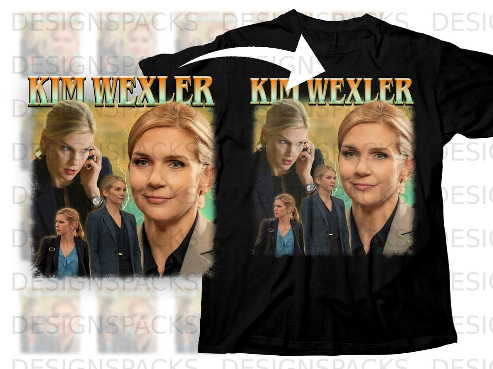 Black t-shirt with "Kim Wexler" text and composite image of actress Rhea Seehorn.
