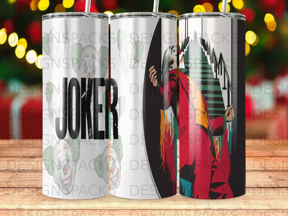 Joker character in a red suit on a tumbler with "Joker" text.