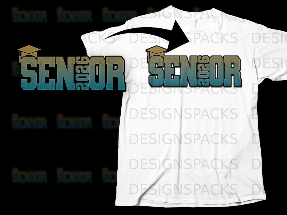 White t-shirt with a gradient "SENIOR 2026" graphic and graduation cap.