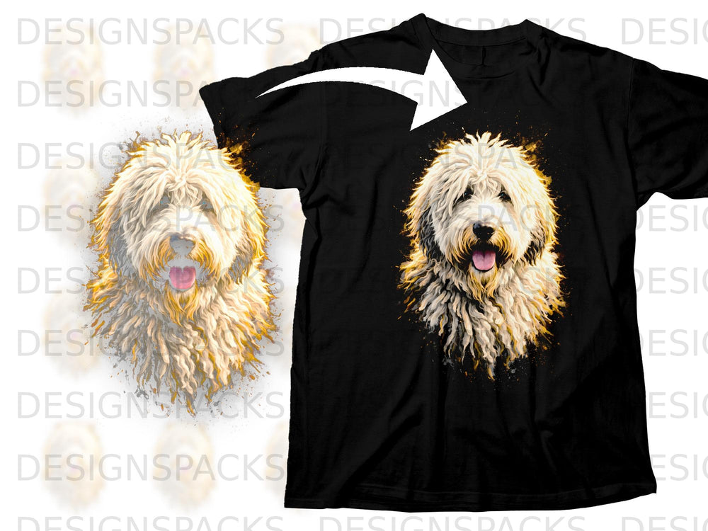 Black t-shirt with a watercolor-style doodle dog design.