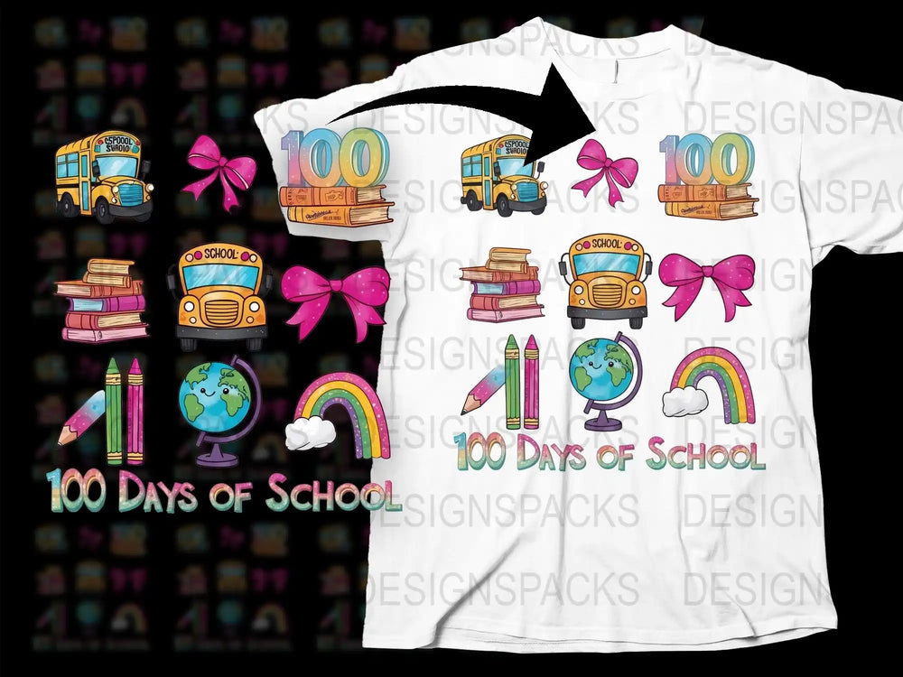 100 Days of School t-shirt design with school bus, books, rainbow, and globe graphics