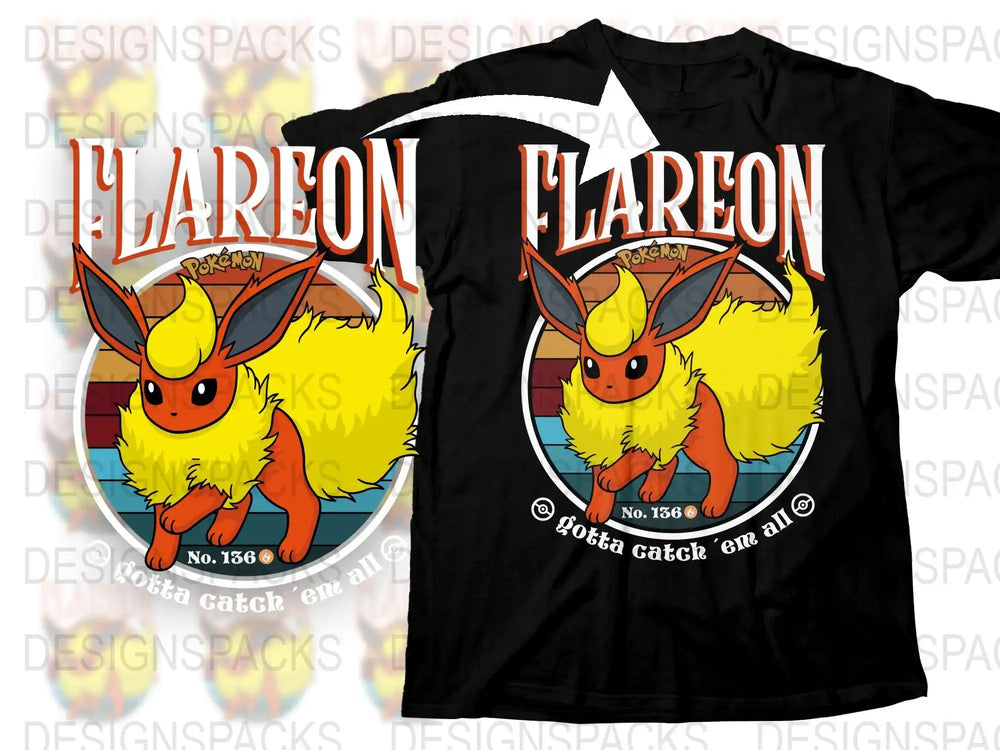 Flareon Pokémon design on black t-shirt, No. 136, 'gotta catch 'em all' text, print-ready graphic