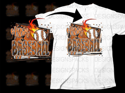 Astros Baseball design with flames and bat on white t-shirt, print-ready graphic