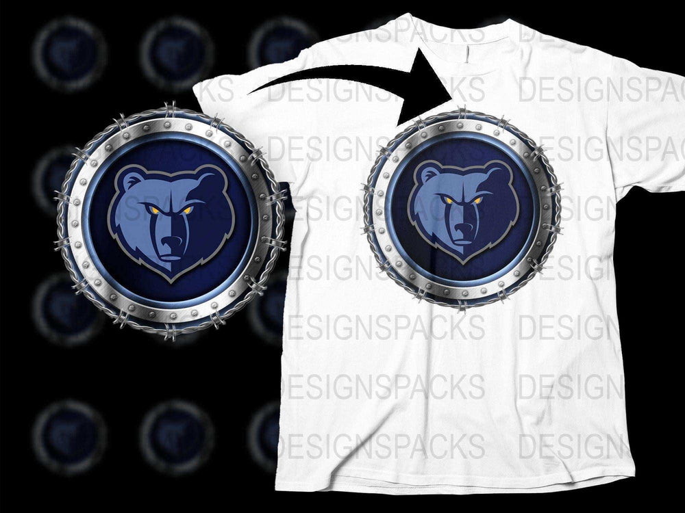 Bear logo in metallic frame on white t-shirt, print-ready design for DTG/DTF