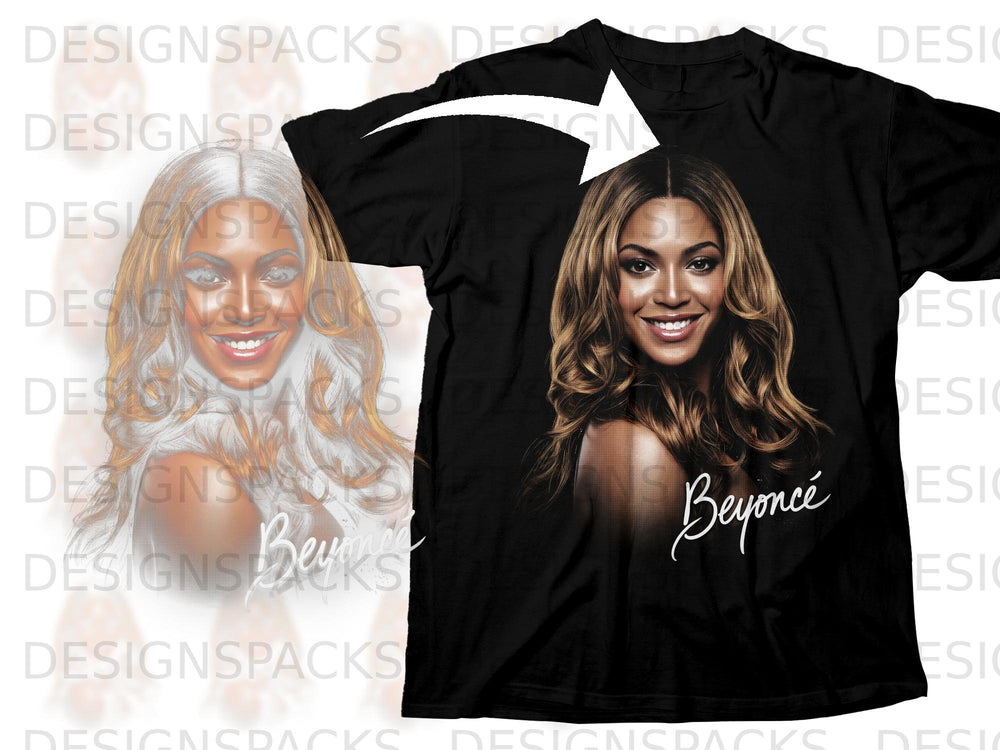 Black t-shirt featuring a portrait of Beyoncé and her signature.