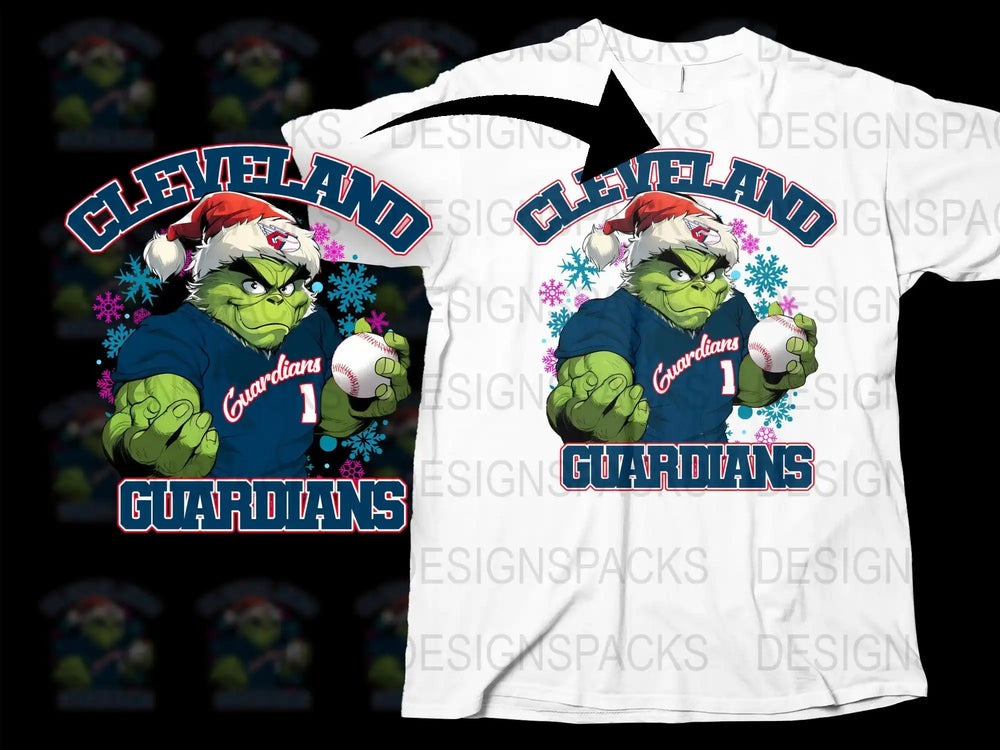 Grinch in Santa hat holding baseball, Cleveland Guardians design on white t-shirt