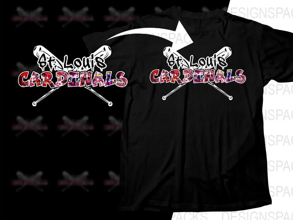 St. Louis Cardinals baseball t-shirt design with crossed bats and colorful lettering, print-ready for DTG or DTF.