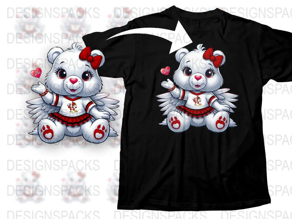 Cute white bear with red bow, wings, and cheerleader outfit on black t-shirt, holding 'Be Mine' heart
