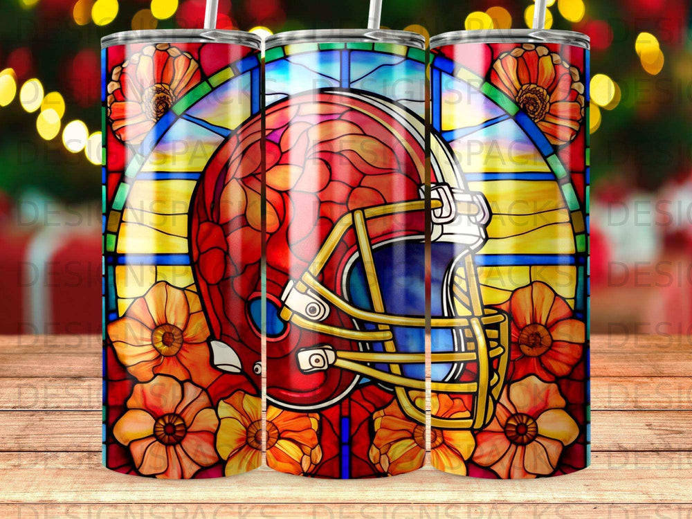 Red and gold football helmet with stained glass and flower accents.