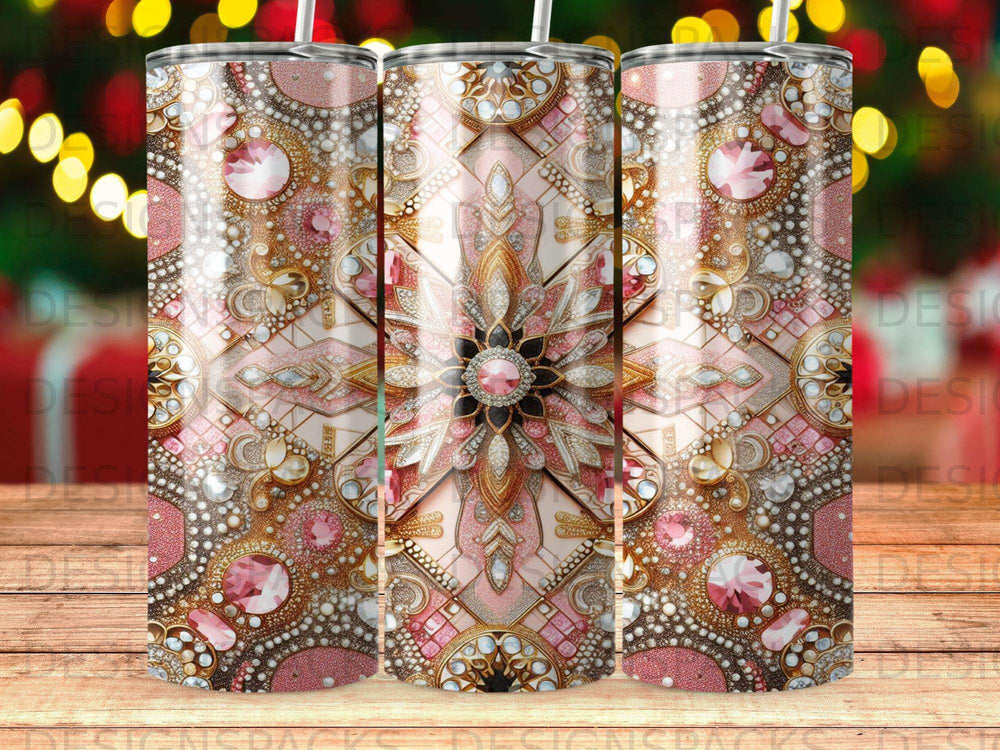 Pink, gold, and jewel-toned ornate geometric mandala design on a tumbler.