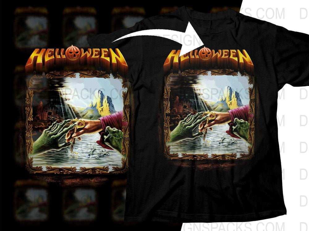Helloween band t-shirt design with zombie hands exchanging key, print-ready PNG for DTG/DTF