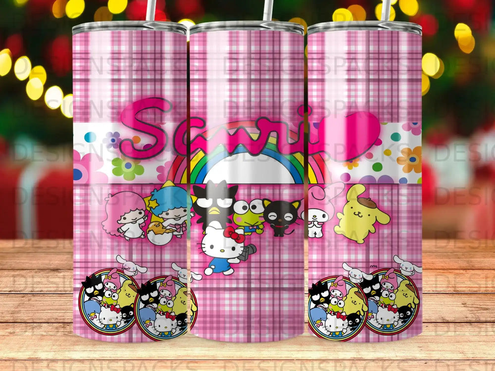 Pink plaid tumbler with Hello Kitty and Sanrio characters, rainbow, and hearts.
