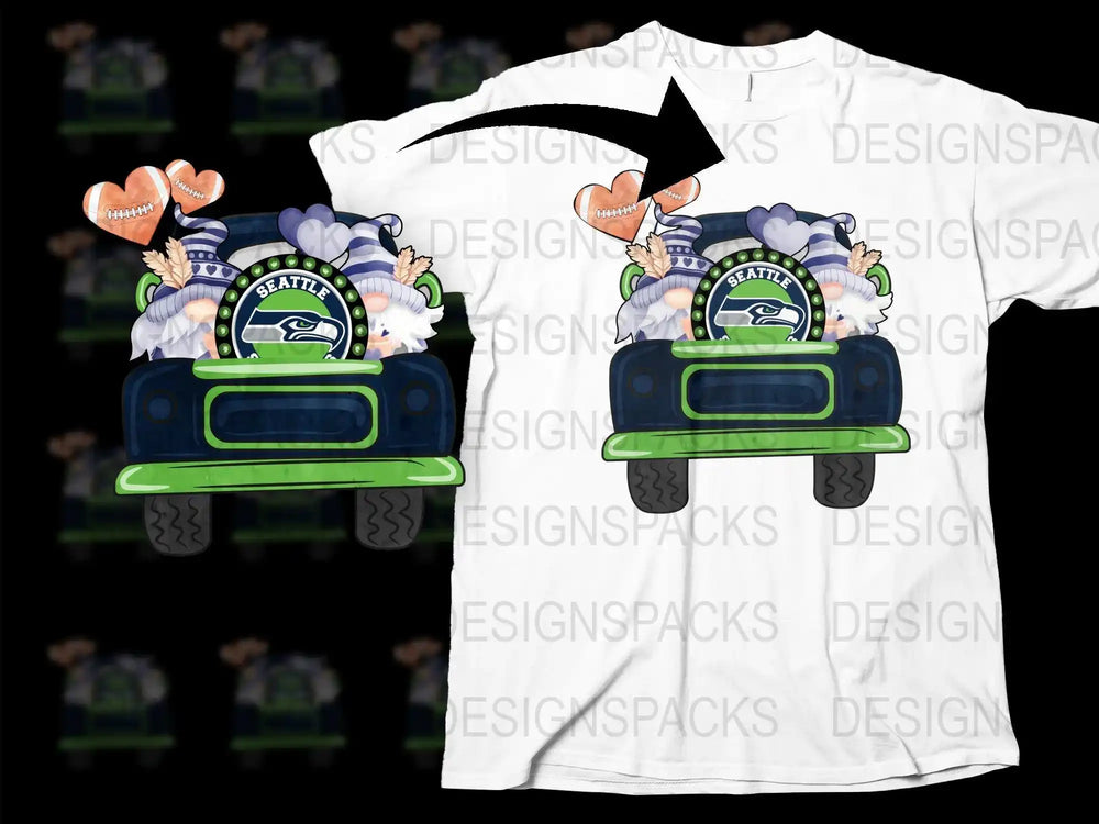 Seattle Seahawks gnome design on white t-shirt with football hearts and truck graphic