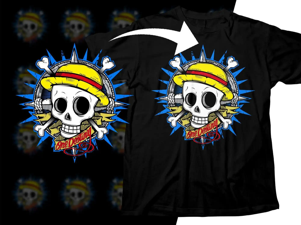 One Destiny skull design on black t-shirt with yellow hat and blue spikes