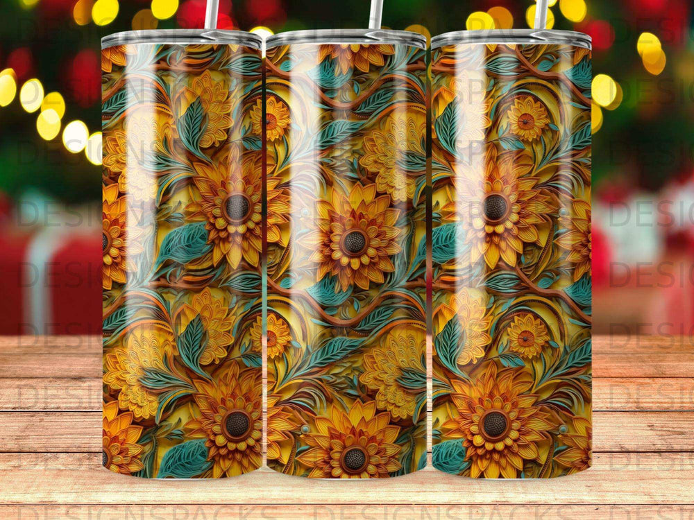 Sunflower floral pattern on a tumbler with straws.