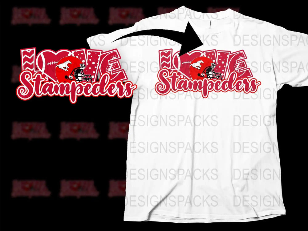 Love Stampeders football design on white t-shirt, print-ready SVG/PNG for DTG/DTF