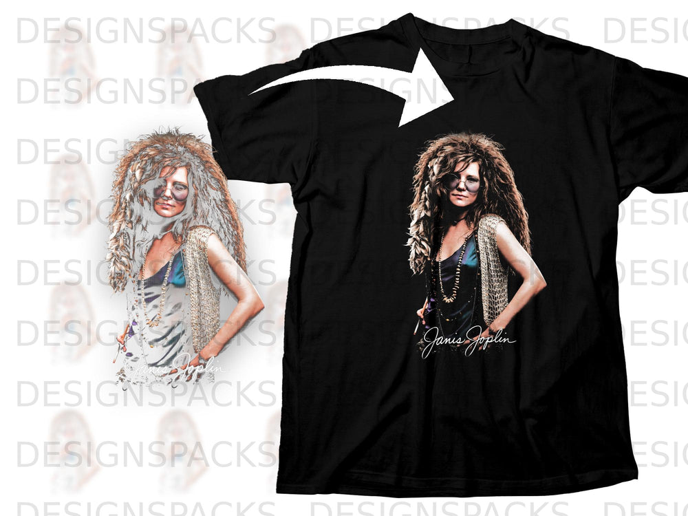 Black t-shirt featuring a portrait of Janis Joplin with her signature.