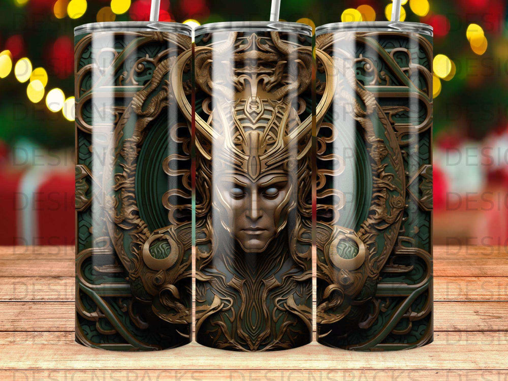 Ornate, detailed metallic warrior face with intricate golden accents on a dark background.