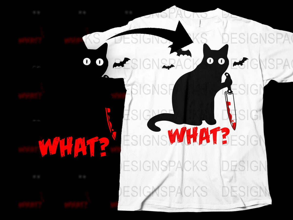 Black Cat Halloween T-Shirt, Funny 'What?' Text, Quirky Bat Graphic, Unisex White Tee